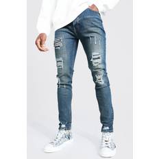 Mens Antique Blue Skinny Stretch Rip And Repair Scratch Jean