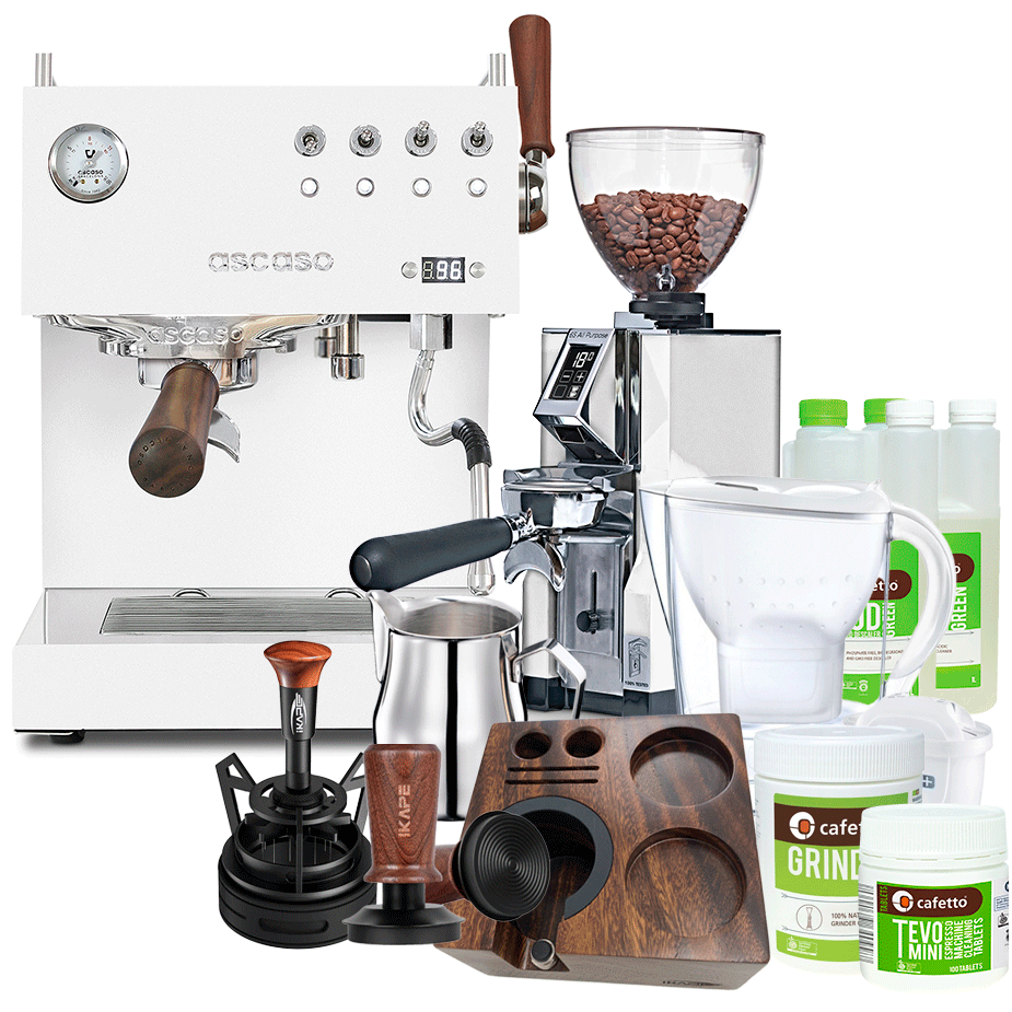 Ascaso Steel Duo Plus White Espressomaskine Inkl. Eureka Mignon Libra 65 Kværn, Baristaudstyr, BRITA Vandfilterkande & Pleje