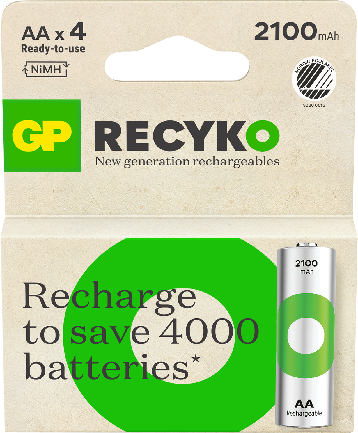 Laddbart batteri GP Recyko AA 2100mAh, 4-pack