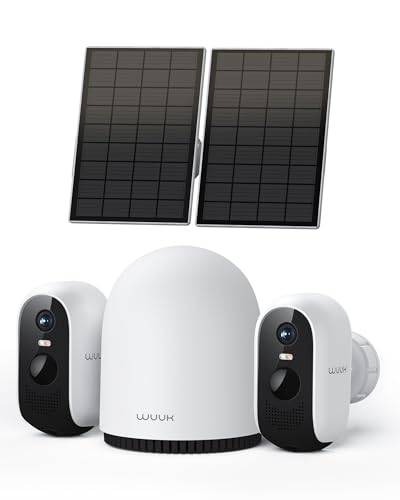 WUUK Trådlös utomhus-WiFi-övervakningskamera med solpaneler, 2K solcellskamera utomhus, Homebase + 2 kameror, ingen månadsavgift, 2,4/5 GHz wifi, kompatibel med Alexa och Google