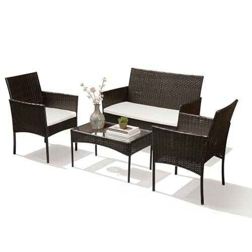 Ansobea Polyrattan trädgårdsmöbelset, 4 personer med 2 soffor, 2 stolar, bord och sittdyna, väderbeständiga sittgrupp, bruna trädgårdsmöbler, balkongmöbler, set för trädgård, terrass och balkong