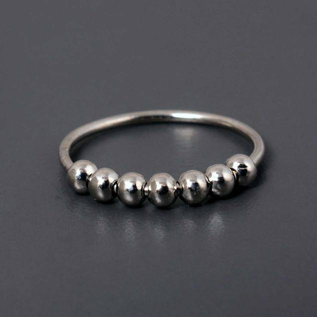 Delikat Tunt Sterling Silver Fidget-ring | Minimalistisk Spinnerring med Sju Rörliga Kulor | Ångestlindring Vardagsbruk silver