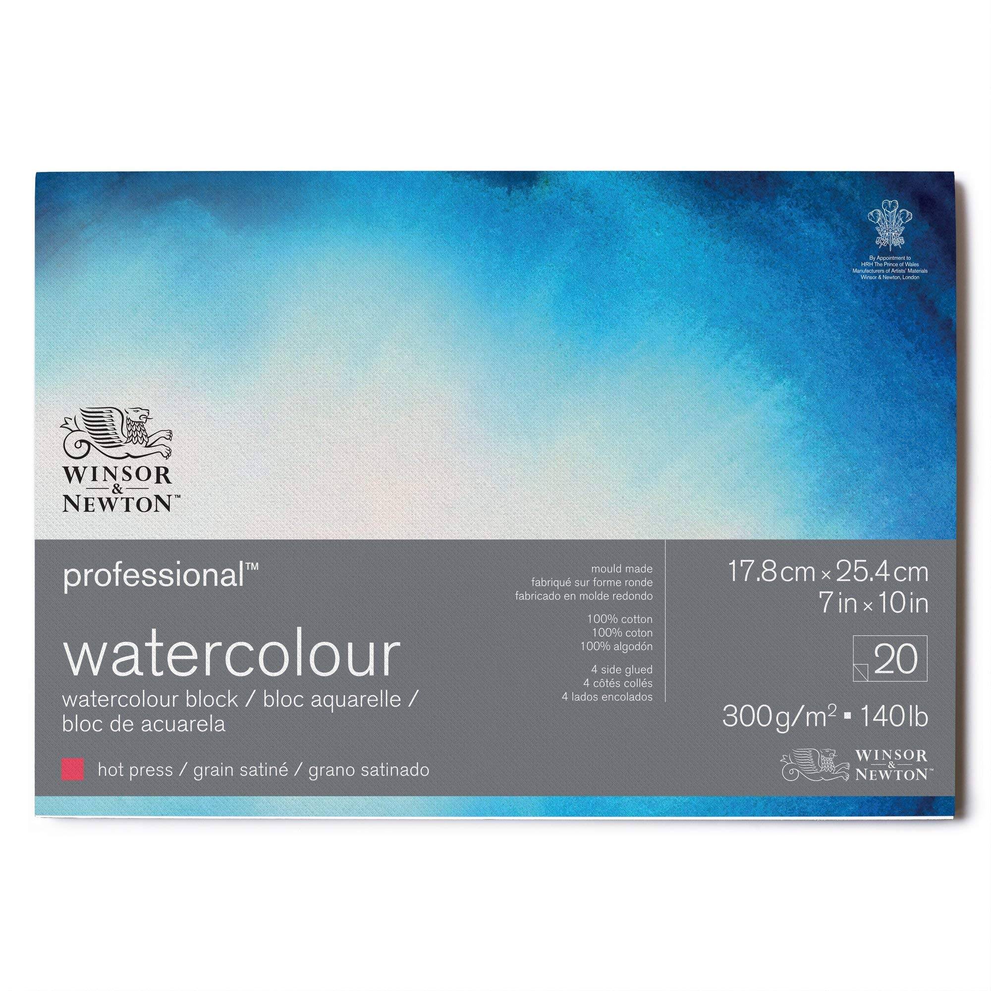 Winsor & Newton Professional Watercolor Paper Block, Bright Natural White, Fine Grain, 300g, 17.8 x 25.4cm, 20 Sheets, 19102005