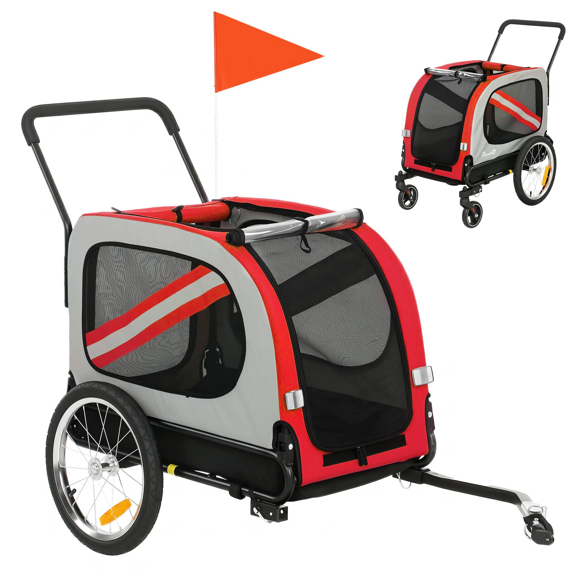 PawHut 2-In-1 Dog Bike Trailer Pet Stroller with Universal Wheel Reflector Flag Red