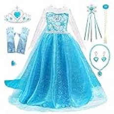 PLLYPE Elsa kostym flickor, 10-delat set prinsessa kostymer tillbehör flicka med elsa krona och trollstav, diadem handskar för utklädnad karneval halloween jul födelsedagsfest