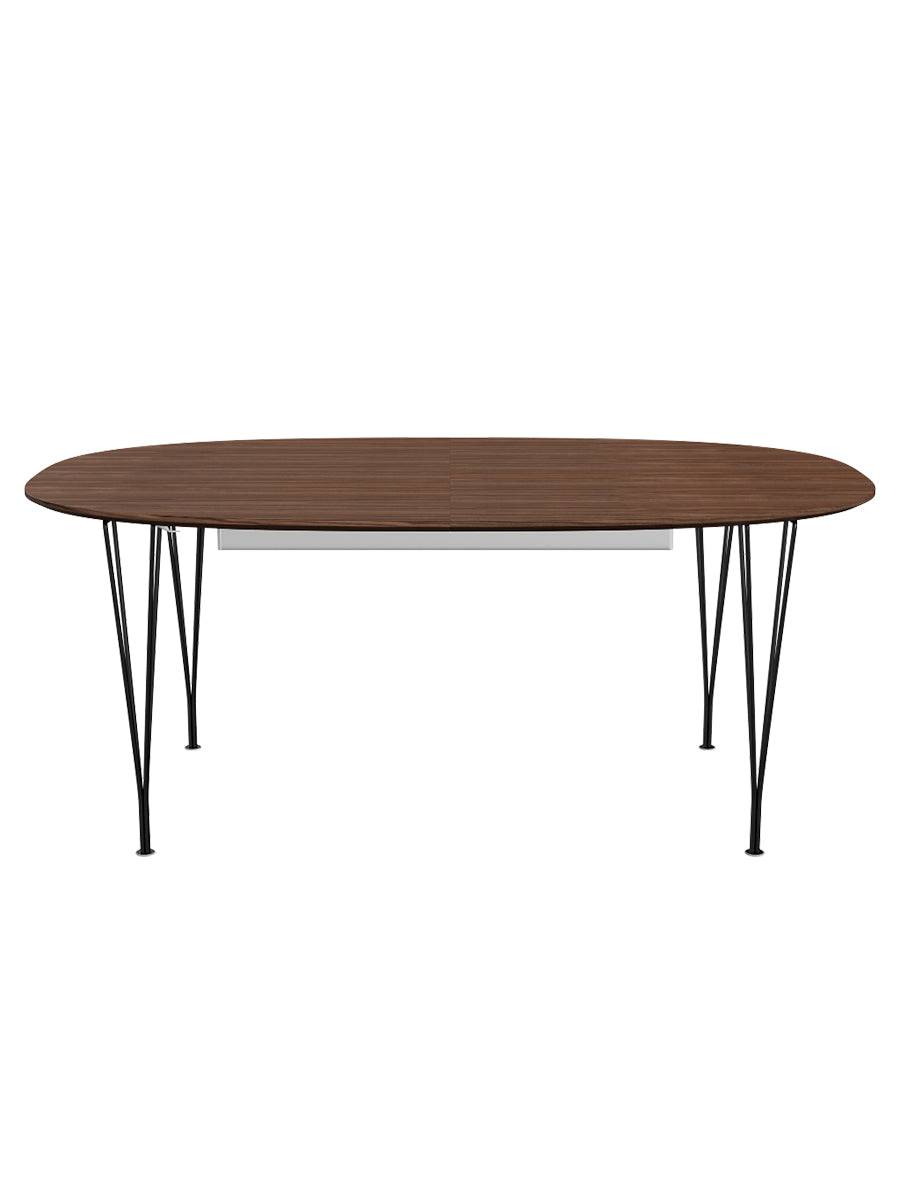Piet Hein B619 Superellipse udtræksbord, 180/300 x 120 cm fra Fritz Hansen Valnød finér m. finérkant - Sort stel - Jacobsen Plus