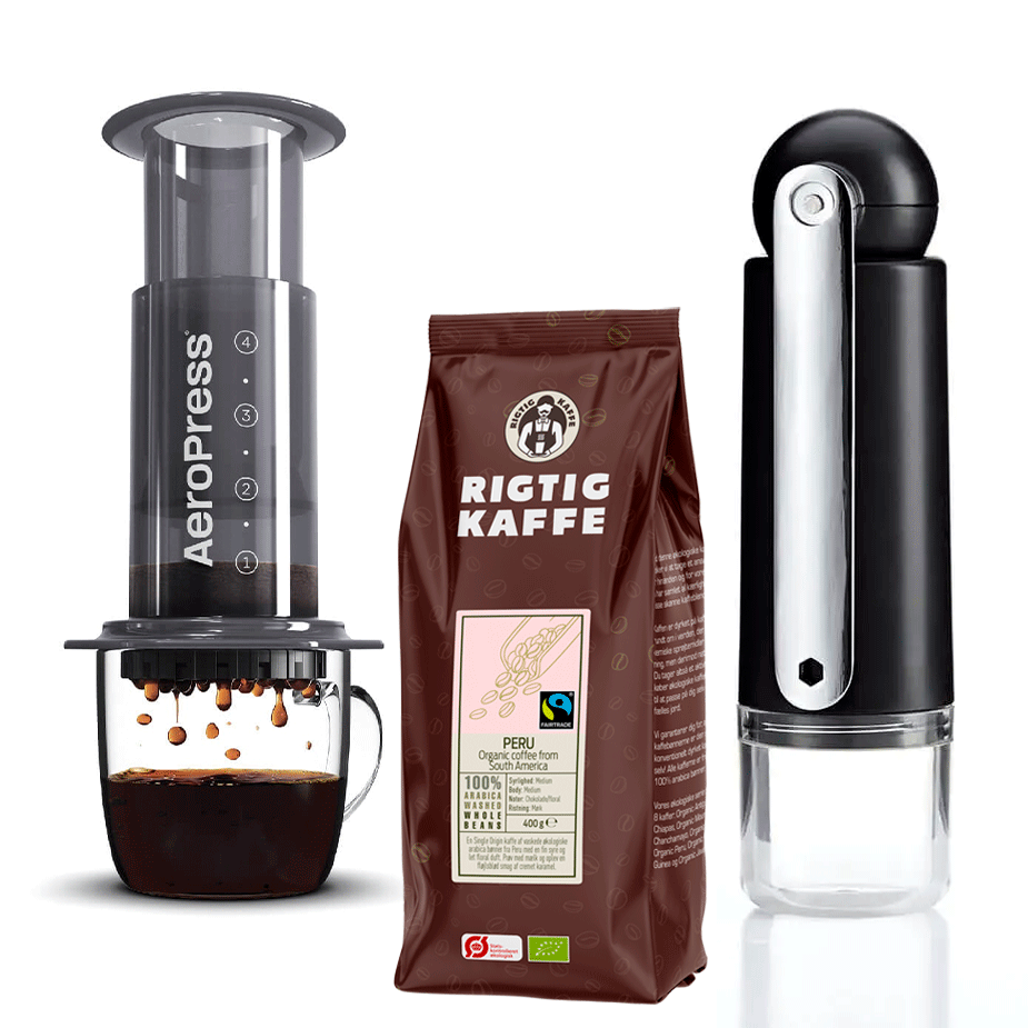 AeroPress Resebryggare inkl. CrushGrind Colombia Resekvarn & 400g Rigtig Kaffe Tanzania No. 2