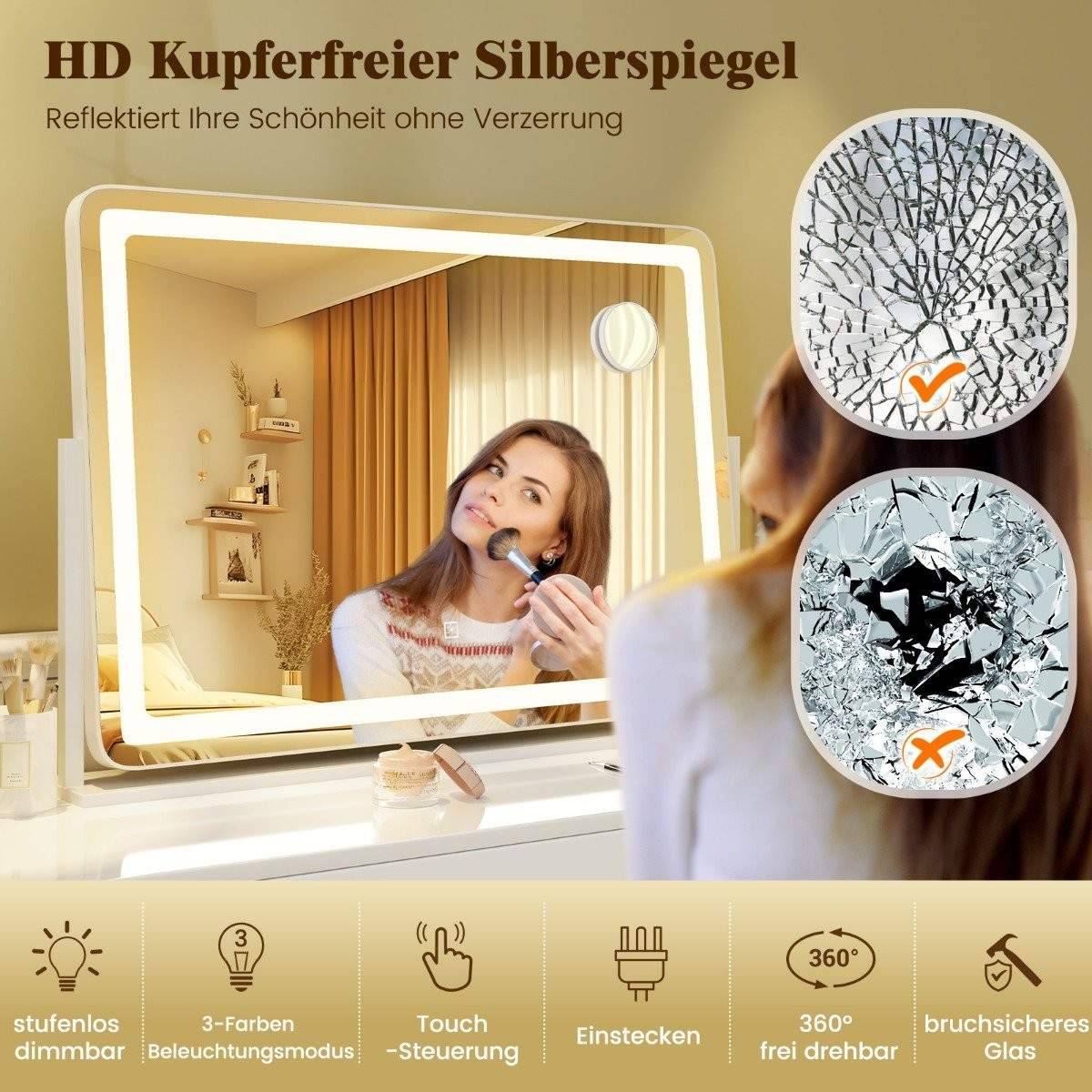 Makeup spejl med belysning, stort kosmetikspejl med 10X forstørrelse, hvid