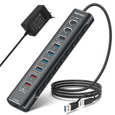 RSHTECH Aluminum 10-Port USB C 3.1/3.2 Hub Aktiv mit Netzteil, 3*10Gbps USB 3.2 (2*Typ-C, 1*Typ-A), 4*5Gbps USB 3.0, 2*USB-A Fast Charging Port, 1*20W USB-C PD, 60W 12V/5A, 2-in-1 Kabel, RSH-A10QPD