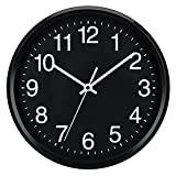 Plumeet Väggklocka, icke-tickande tysta svarta kvartsväggklockor på 25 cm (10 tum), batteridrivna, dekorativ klocka för skolan, hemmet, kontoret (svart)