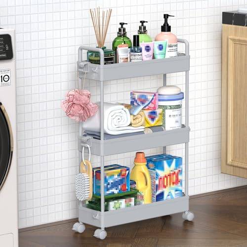 SOLEJAZZ Förvaringsvagn i 3 nivåer, skjutbar, smal, rullande, funktionell vagn, mobil förvaring, hyllor, organiserare för kök, badrum, tvättstuga, sovrum, smala platser, plast, grå