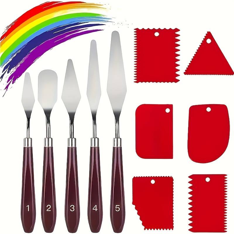 11pcs Artist Palette Knives Set - 5 Stainless Steel & 6 Plastic Scraper Combs For Acrylic Texture Paste, Oil Watercolor Painting Tools