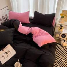 3pcs Set Black & Pink Ultra Soft Dorm Bedding Duvet Cover & Pillowcase Set, Breathable Bedroom Bedding, 1 Duvet Cover & 2 Pillowcases (No Filling), Ma - Black - Multi-size