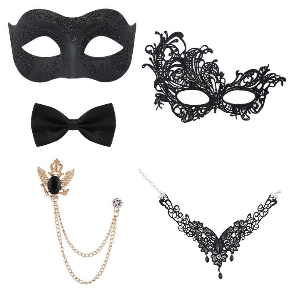 Par Masker Set Halvansikts Målad Festmask Fluga Smycke Brosch Spets Halsband Maskeradmask Bal Cosplay Kostym