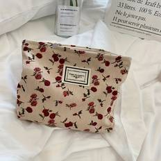 TEMU Vintage Floral Corduroy Cosmetic Bag - Women's Retro Clutch With Rose Pattern, Portable Toiletry Organizer, Hand Washable, Ivory/red, Clutch Purse|retro Style Bag| Label, Small Cosmetic Bag