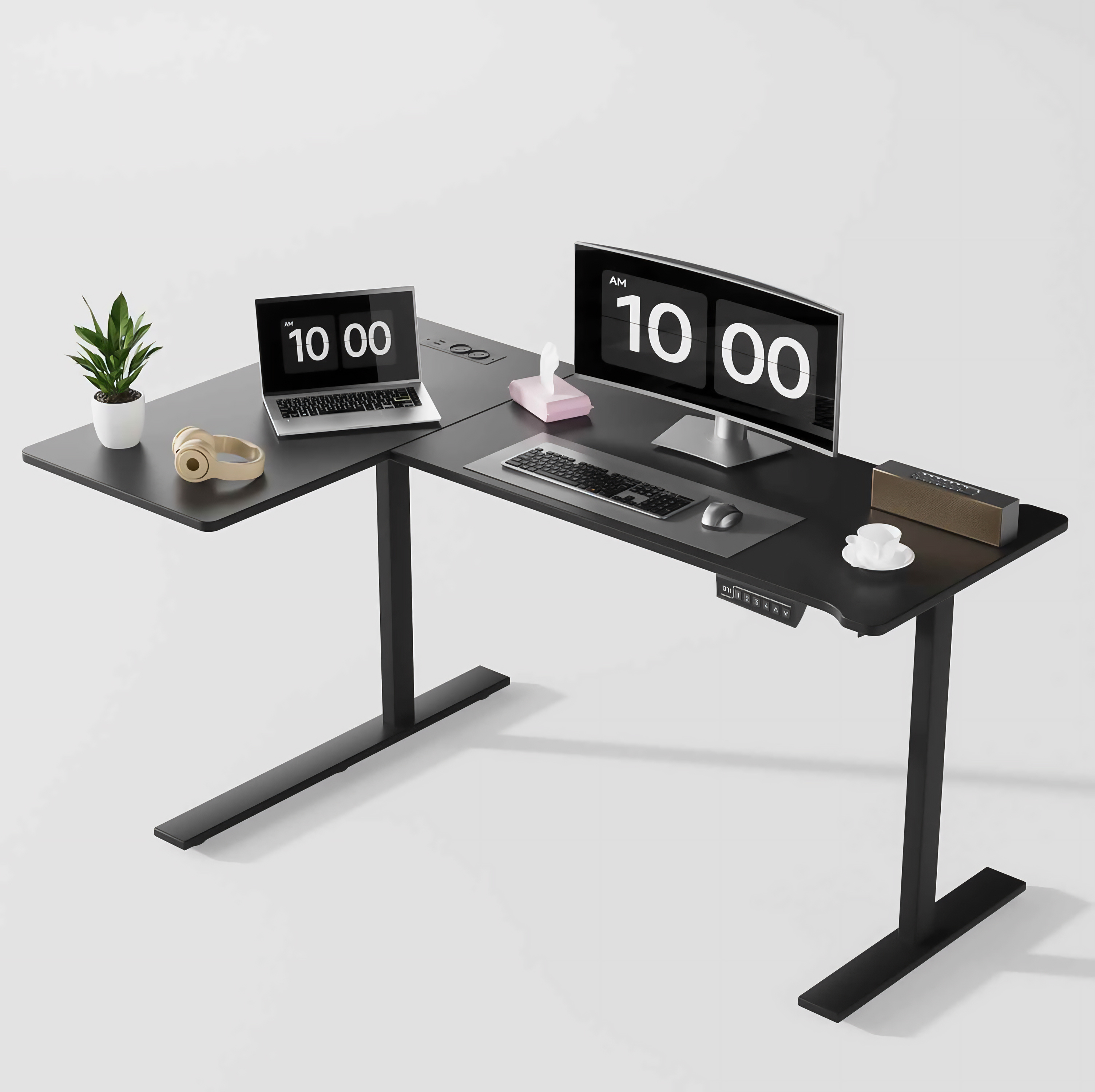 L-shaped computer table, corner desk, gaming table, 160x120 cm, metal frame, height adjustable, with 2 sockets and 2 USB ports, 100 kg load capacity, simple assembly, Black