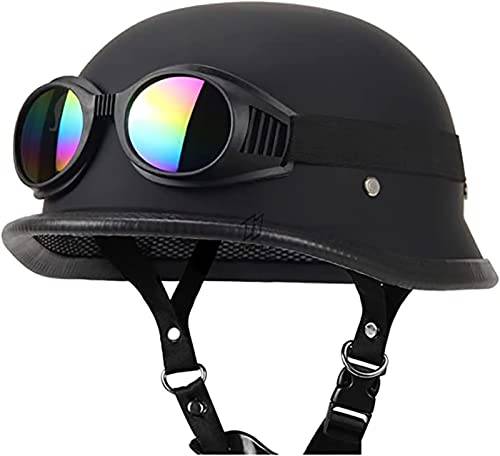 ECE Godkänd tysk stil Halvhjälm ABS Vintage Crusier hjälm med öppet ansikte med pilotglasögon, Retro Halvhjälm Chopper Scooter Crash H, M=57-58 cm