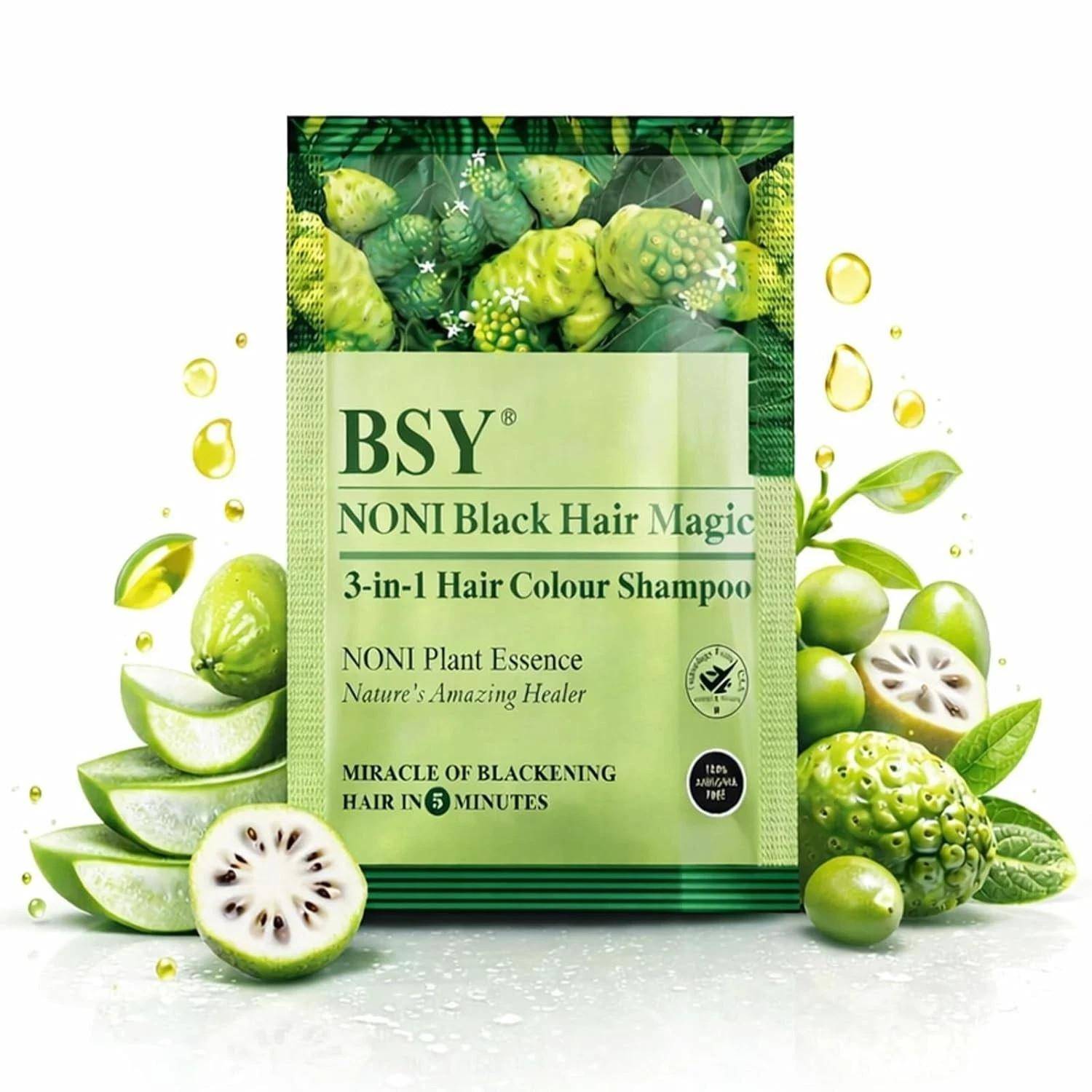12 Sachets of BSY Noni Black Hair Magic Hair color shampoo 12ml Each Pure Herbal