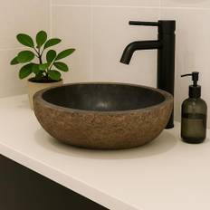 Lendo Online Handfat oval (40–45) x (30–35) cm flodsten - natursten - handfat för badrum - handfat - diskbänk - unik form och färg - polerad och solid (brun/rost, 40–45 x 30–35 cm)