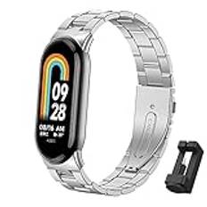 BDIG Armband kompatibelt med Xiaomi Mi Band 9/Xiaomi Mi Band 8, ersättningsarmband i rostfritt stål med justerbart spänne för Mi Smart Band 8, silver