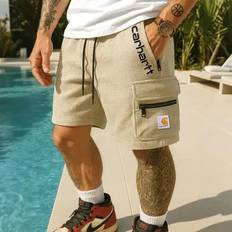 Waffle Plaid Patterned Letter Print Shorts With Zippered Pockets For Men