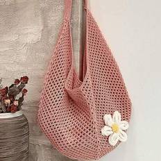 Ihålig vävd väska Bohemisk stil Strandväska Stor kapacitet Slouchy stil Strandväska Shopping Dam Casual Strandväska Stor kapacitet Virkad Blommig Tote - Rosa