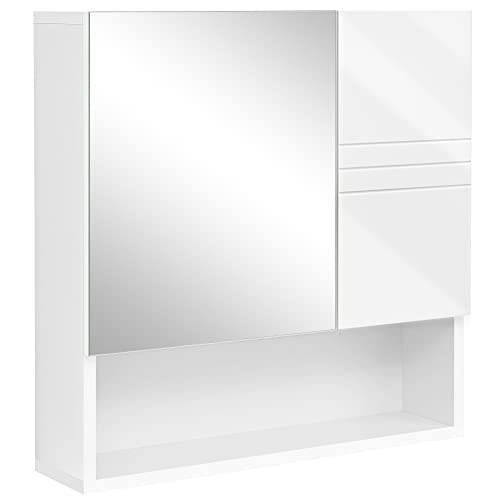 Vasagle BBK122W01 Mirrored Cabinet, badeværelse skab med højdejusterbare hylder, dør og øverste panel med højglans overflade, badeværelse, 54 x 15 x 5.