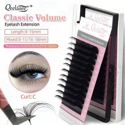 Qeelasee Mega Lashes tjocka solfjäderformade ögonfransförlängningar, 0,03-0,10 mm C-böjning, professionella minkhårsfrisörer, 12 rader, sminkögonfrans