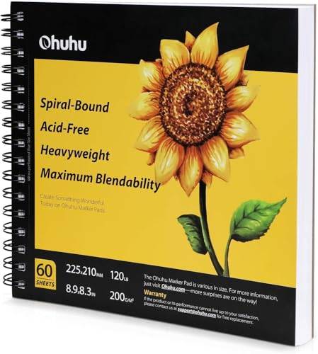 Ohuhu Skissbok – spiralbunden skissblock – 200 g – 120 sidor (60 ark) – fyrkantig inbunden skissbok patronpapper, 225 x 210 mm/ 8,9 × 8,3 tum