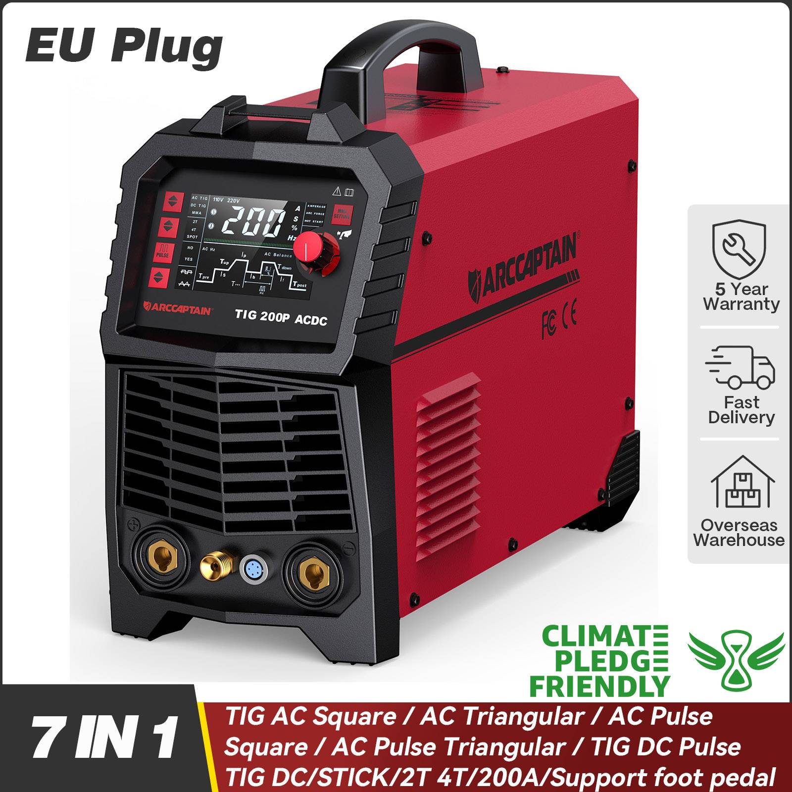 ARCCAPTAIN 7 in 1 Tig AC/DC Welding Machine 220V 200A Inverter TIG/StickPulse Aluminum Square/Triangular Wave/Spot MultiProcess