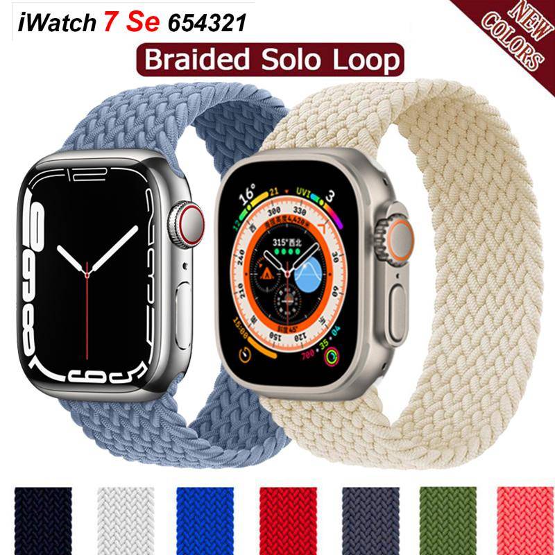 Flätad Solo Loop för Apple Watch Band 44mm 40mm 45mm 41mm 49mm 42mm 38mm Elastiskt armband IWatch Series 7 3 SE 6 8 Ultra Strap för armbandsur black