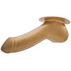TOYLIE Latex penishylsa Adam skaftlängd: 13 cm guld med basplatta för att fästa på latexkläder – penisärm med testikelsäck och utpräglat ollon