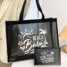 2pcs Mesh Beach Bag Nylon Material Alphabet Printed Beach Mesh Tote Bag With Large Capacity,Use Tt Yourself Or Give Gifts To Others,Back To School Sup - Black