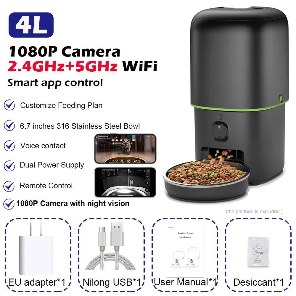 Smart Pet Feeder with 1080P Camera, Night Vision & Two-Way Audio — 2.4G/5G Wi-Fi, Tuya App - WiFi 1080P Camera