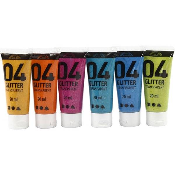 Skolfärg - Akryl - Glitter - mixade färger - 6 x 20 ml