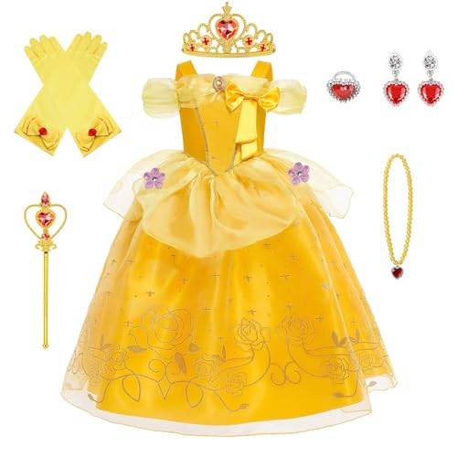 BSBUY Belle Kostüm Kinder Mädchen, 7Pcs Kleid Kinder mit Krone Schmuck Handschuhe Zauberstab Halskette und Ringe Princess Costume für Verkleidung Karneval Halloween Geburtstag Prinzessin Dress Up(130)