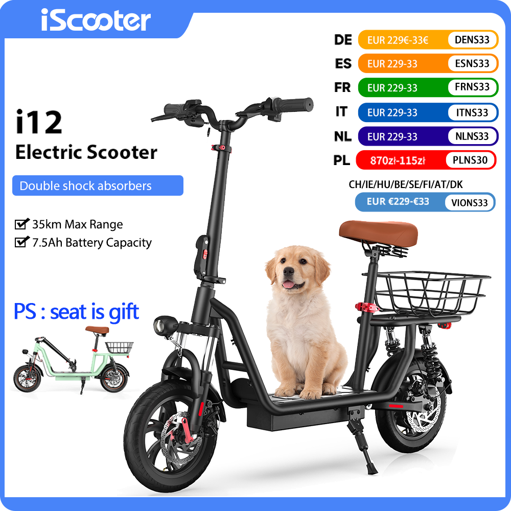iScooter i12 Electric Scooter With seat And basket 12 Inch Foldable Kick eScooter 36V 7.5Ah Max Range 35km Mobility Scooter