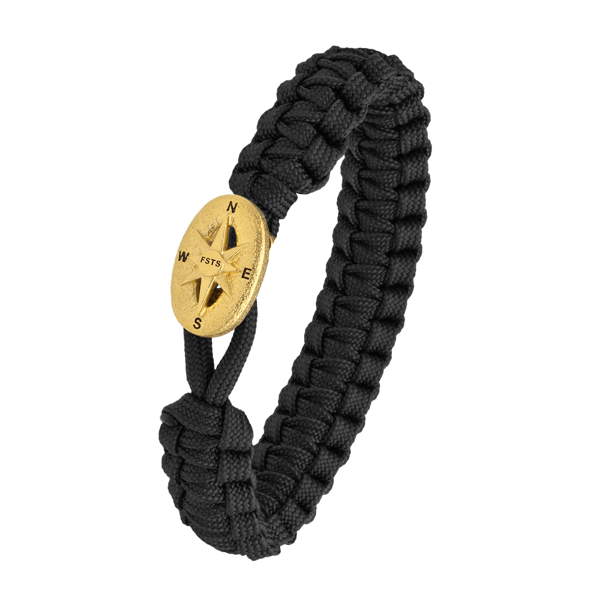 FSTS Bracelet Black with Gold Plated Sterling Silver Compass Lock - Svart, Guldfärg (190 mm)