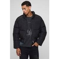 Mens Black Boxy Funnel Neck Bomber Hem Puffer Jacket
