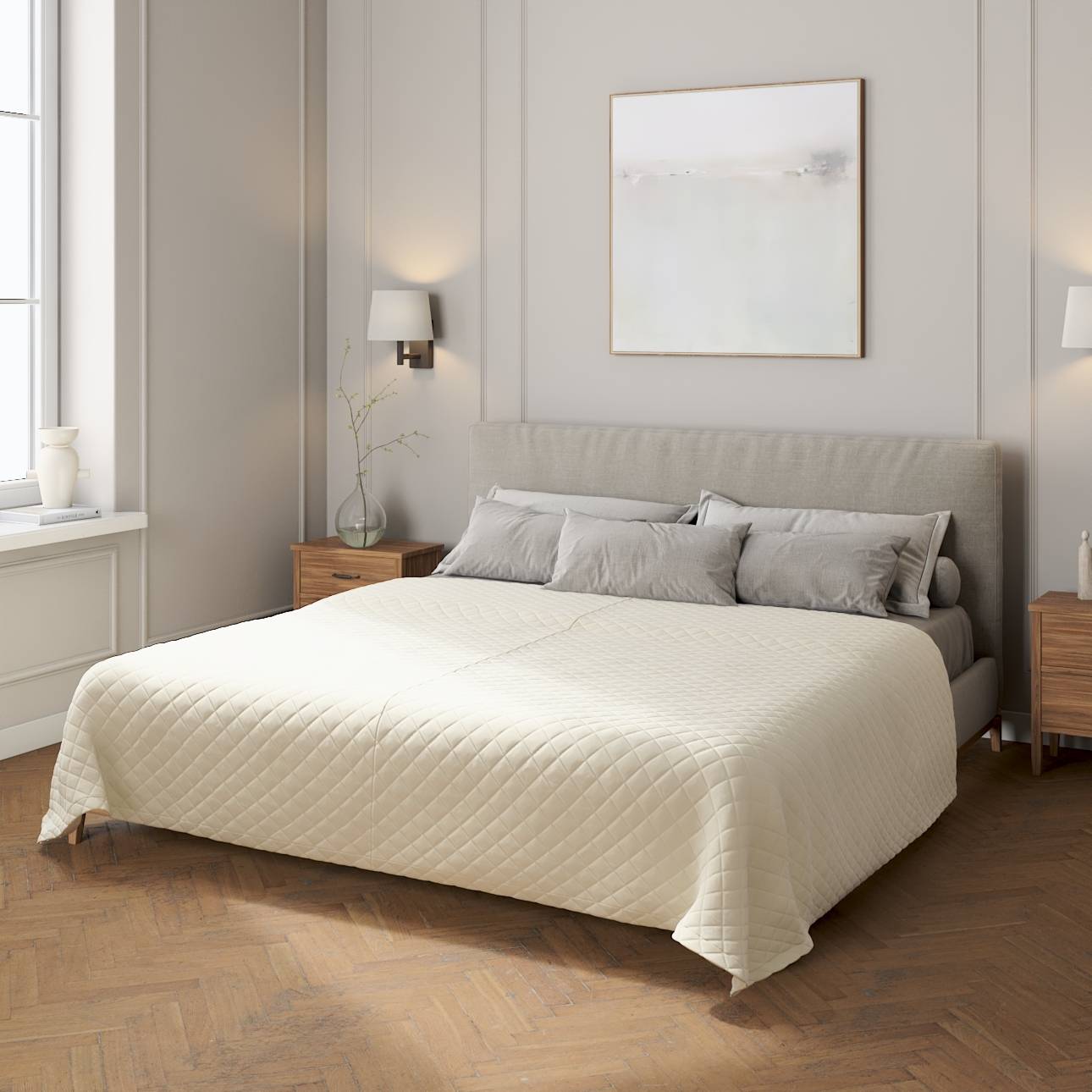 Sengetæppe quiltet<br/>i rombe i volour, OffWhite, Velvet