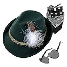 Bexdug Tyska hattar för oktoberfest, bayerska hattar, 1Set Fedora Oktoberfest hatt med huvudduk, glasögon, Oktoberfest Kostym Accessoarer Vuxen tysk alpin bayersk hatt för vuxna