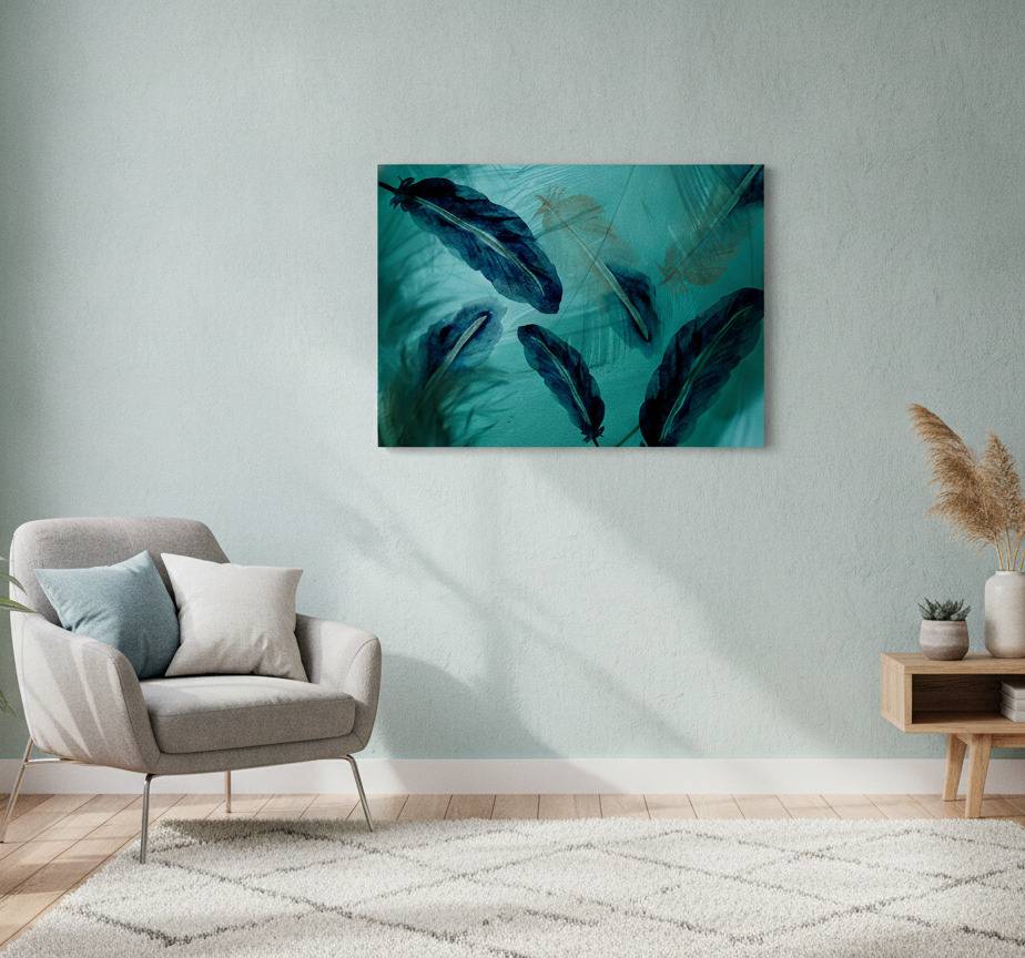 Blå canvas tavla akvarell fjäderlinje estetik