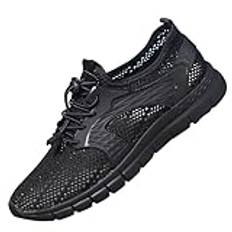 Sneakers män sommar luftiga, sneakers män ventilerande nät, sportskor platt sula promenadskor halkfria träningsskor med snabbkoppling löparskor lätta träningsskor, svart, 42 EU