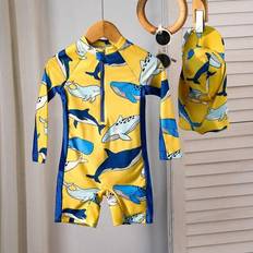 2 st/set Young Boys semesterkläder med sött tecknat tryck, kontrastfärgat långärmat rashguard och mössa, lämpligt för strand, pool, vår-/sommarsäsonge - Gul (6Y,7Y,4Y,5Y)