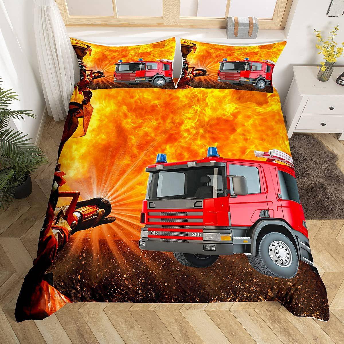 Brandbil Kung Drottning Påslakan Tecknad Polisbil Sängkläder Set för Barn Pojkar Brandman Täcke Överdrag Polyester Täcköverdrag 140x210cm 2pcs