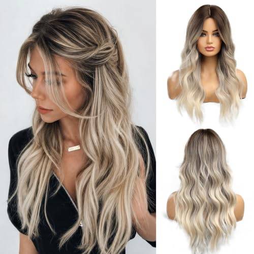 Esmee Lång vågig Ombre brun till blond peruker för kvinnor Syntetiskt hår värmebeständiga Ombre peruk för daglig fest Cosplay användning-24 tum
