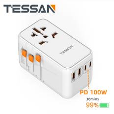 TESSAN International Universal Reseadapter med USB & Typ C 100W Snabbladdning Worldwide Power Adapter EU/UK/US/AU Plug for Travel 65W 2 Type-C &18W 2USB-A vit