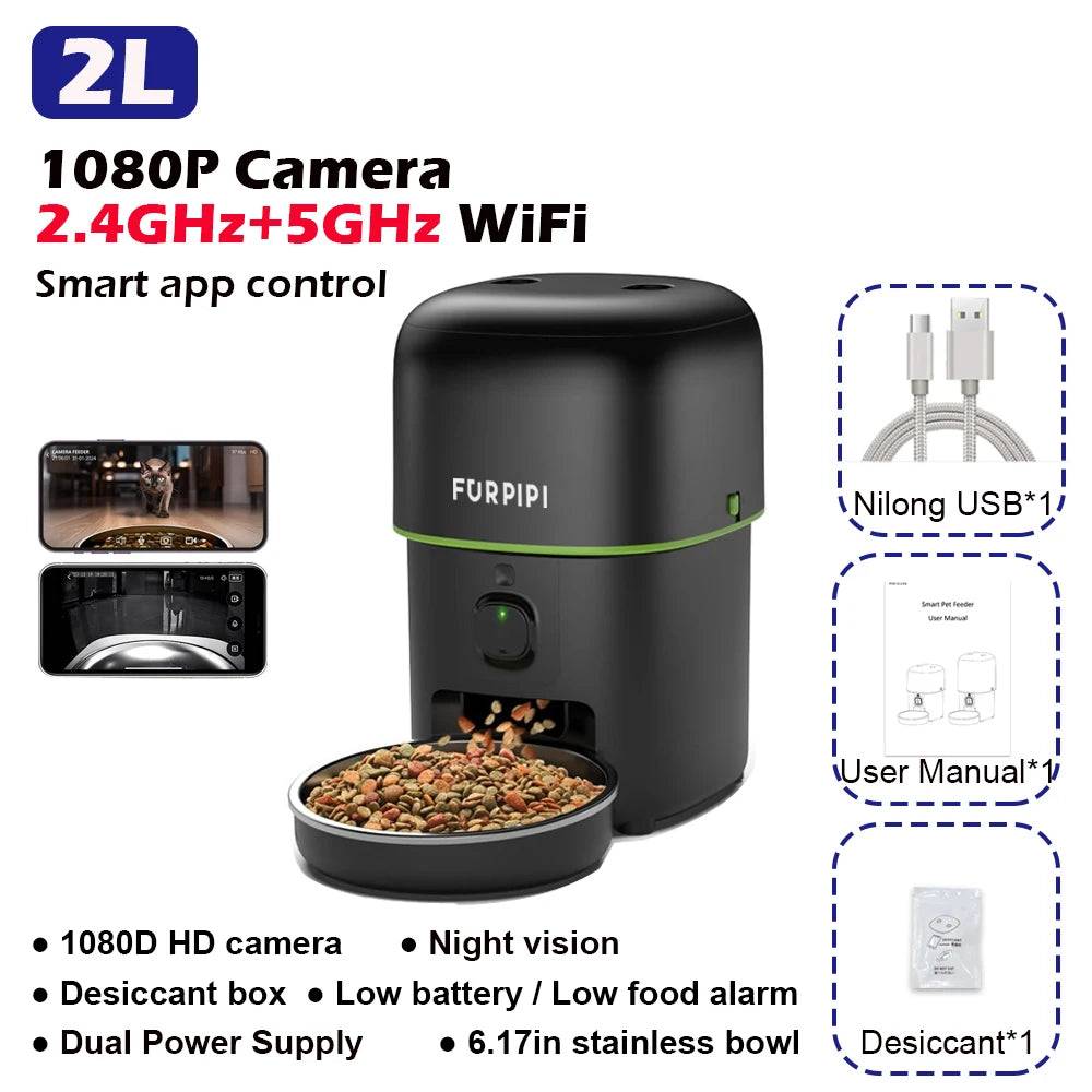 Smart Camera Pet Feeder with 1080P HD & 5G WiFi - Black No plug / 1080P HD 5GWiFi / 2L 0.53gal (1080P HD 5GWiFi)