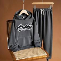 2st Tween Boys Casual Enfärgad broderad huvtröja och byxor med resår i midjan, Lämplig för höst, vår och vinter, Lämplig för utomhuslek, Skola, Gatufo - Mörkgrå (8Y,9Y,10Y,11Y,12Y)