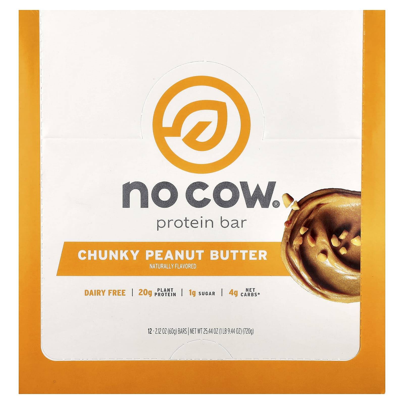 No Cow, Protein Bar, Chunky Peanut Butter, 12 Bars, 60g (2.12oz) Each